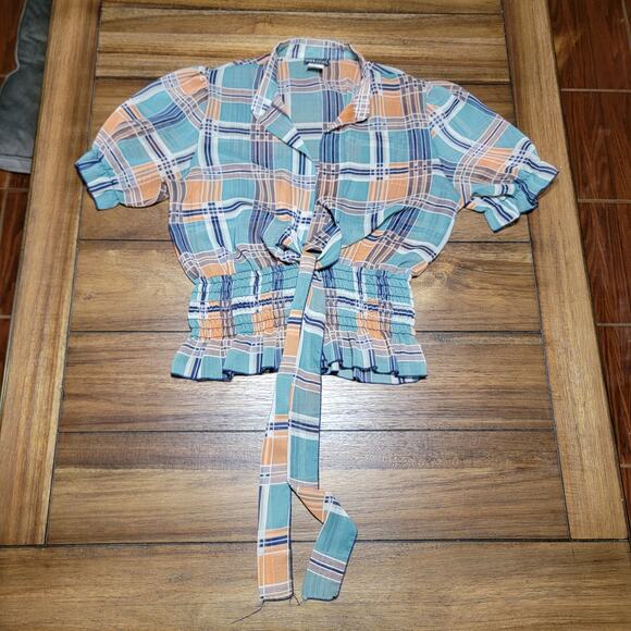 Wet Seal Crop Sage & Orange Plaid Sheer Blouse w/ Front Tie - Size Large - Picture 1 of 6